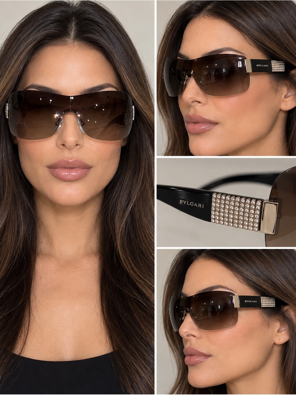 Bulgari Brown Gradient Crystal-Embellished Rimless Sunglasses